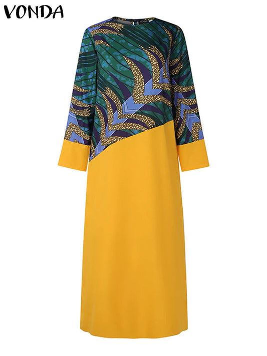 Elegant Plus Size 5XL VONDA Vintage Printed Bohemian Maxi Dress featuring full sleeves and pockets, perfect for sophisticated autumn outings.