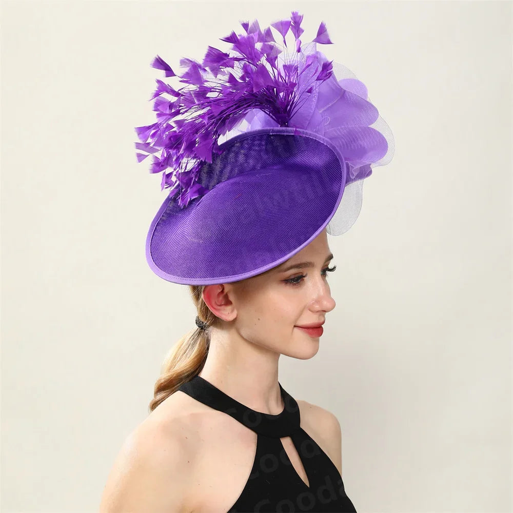 Close-up view of the luxurious purple fascinator hat for women, showcasing detailed stitching and high-quality polyester material.