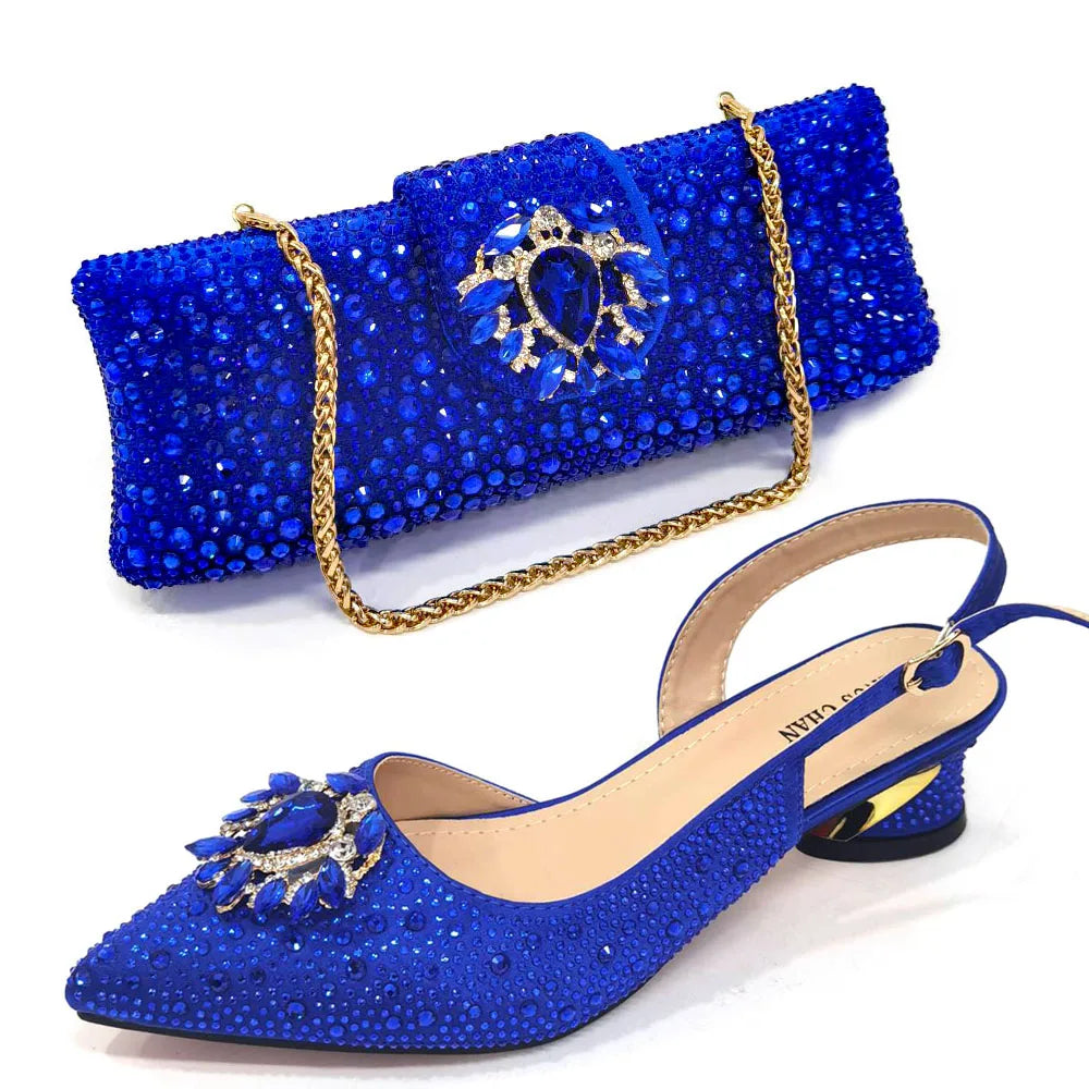 Elegant women's Italian low heels in stylish slingback design with pointed toe, complemented by a chic bag set, perfect for special occasions and parties.