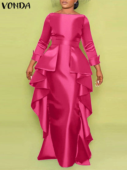 Elegant Plus Size 5XL Bohemian Maxi Dress by VONDA in luxurious satin, featuring ruffle details, perfect for women seeking a sophisticated sundress for summer occasions.