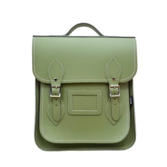 Handmade Sage Green Leather City Backpack by Zatchels, featuring premium Scottish leather, stylish silver nickel buckles, and adjustable straps, designed for laptops up to 13 inches, perfect for urban professionals.
