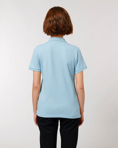 Luxurious organic cotton women's polo shirt showcasing a soft, stretchy fit and eco-friendly materials, featuring a flat knit rib collar.