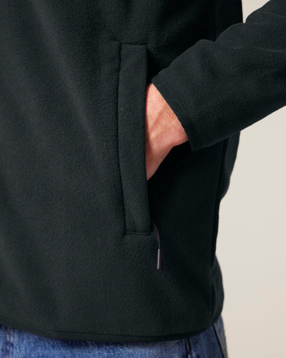 Male model wearing a stylish recycled polyester fleece jacket, embodying sustainable luxury and modern design.