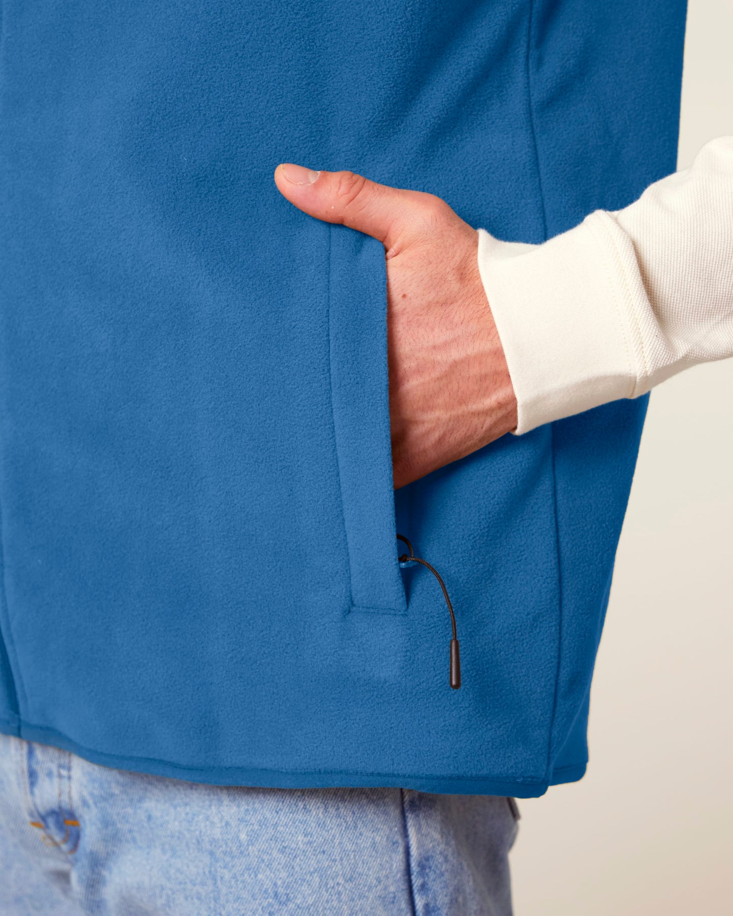 Back view of the men's sustainable fleece sleeveless jacket displaying the modern tailoring and eco-conscious craftsmanship by Earth Wardrobe.