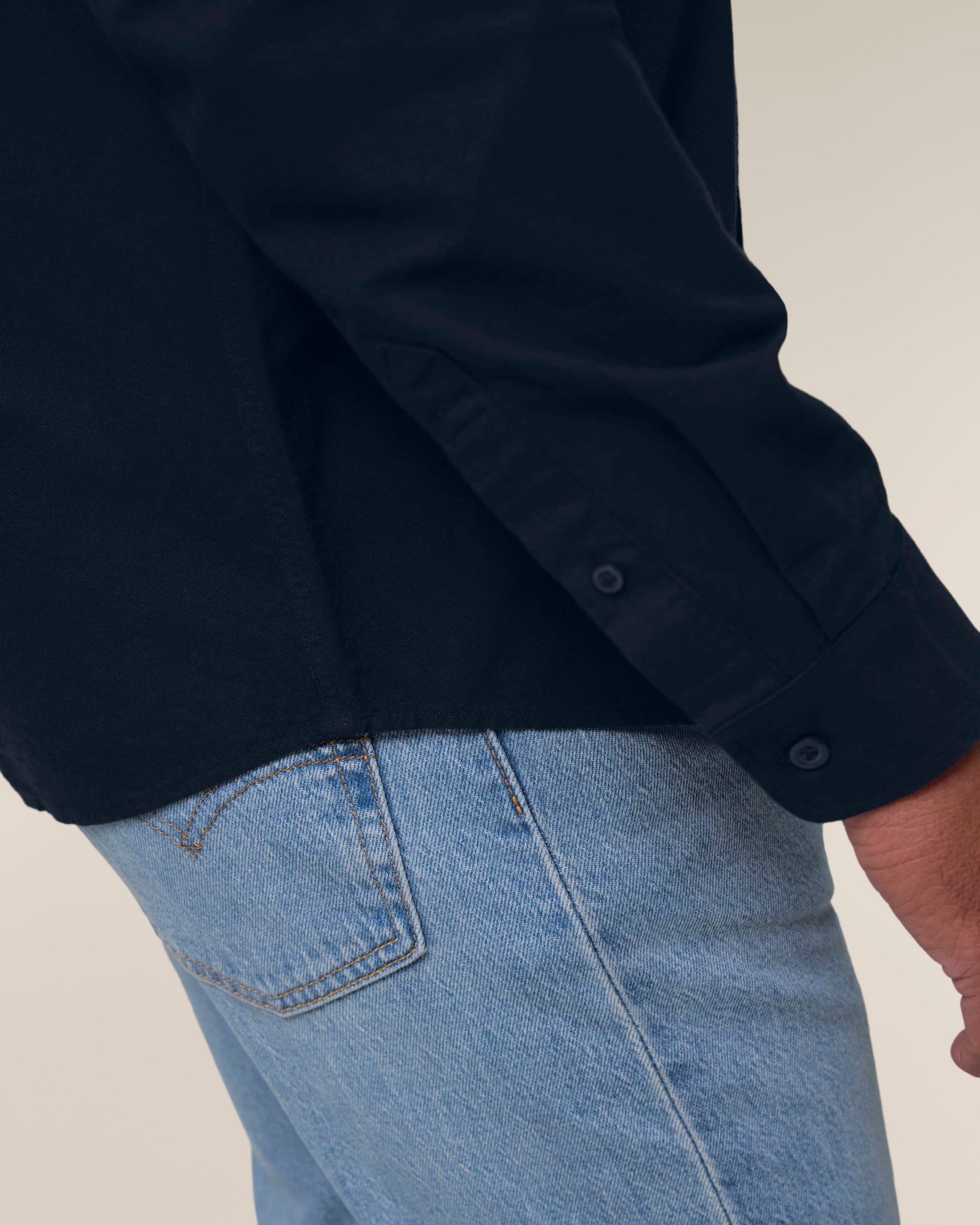 Full view of Men's Organic Cotton Oxford Long Sleeve Shirt, exemplifying elegance and comfort in organic fashion.