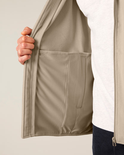 Men's eco-friendly fleece jacket draped elegantly, demonstrating softness and high-quality craftsmanship in recycled materials.