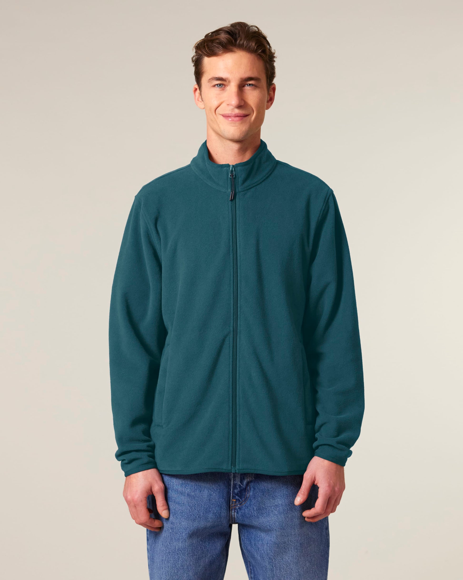 Luxurious recycled polyester fleece jacket for men in vibrant colour, exemplifying supreme softness and eco-friendly fashion.
