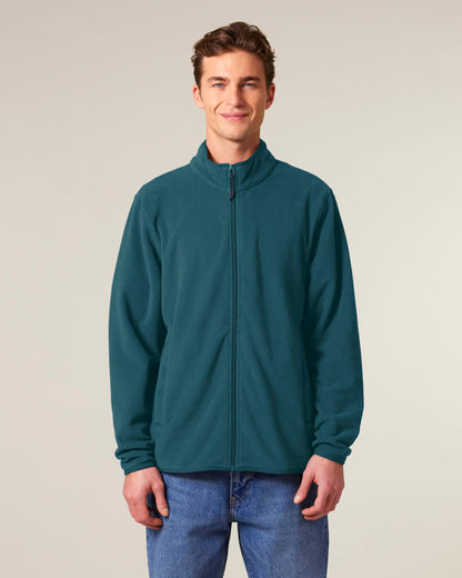 Luxurious recycled polyester fleece jacket for men in vibrant colour, exemplifying supreme softness and eco-friendly fashion.