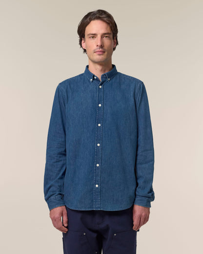 Versatile styling options for the Men's Organic Cotton Denim Shirt, worn for both casual and smart-casual occasions.