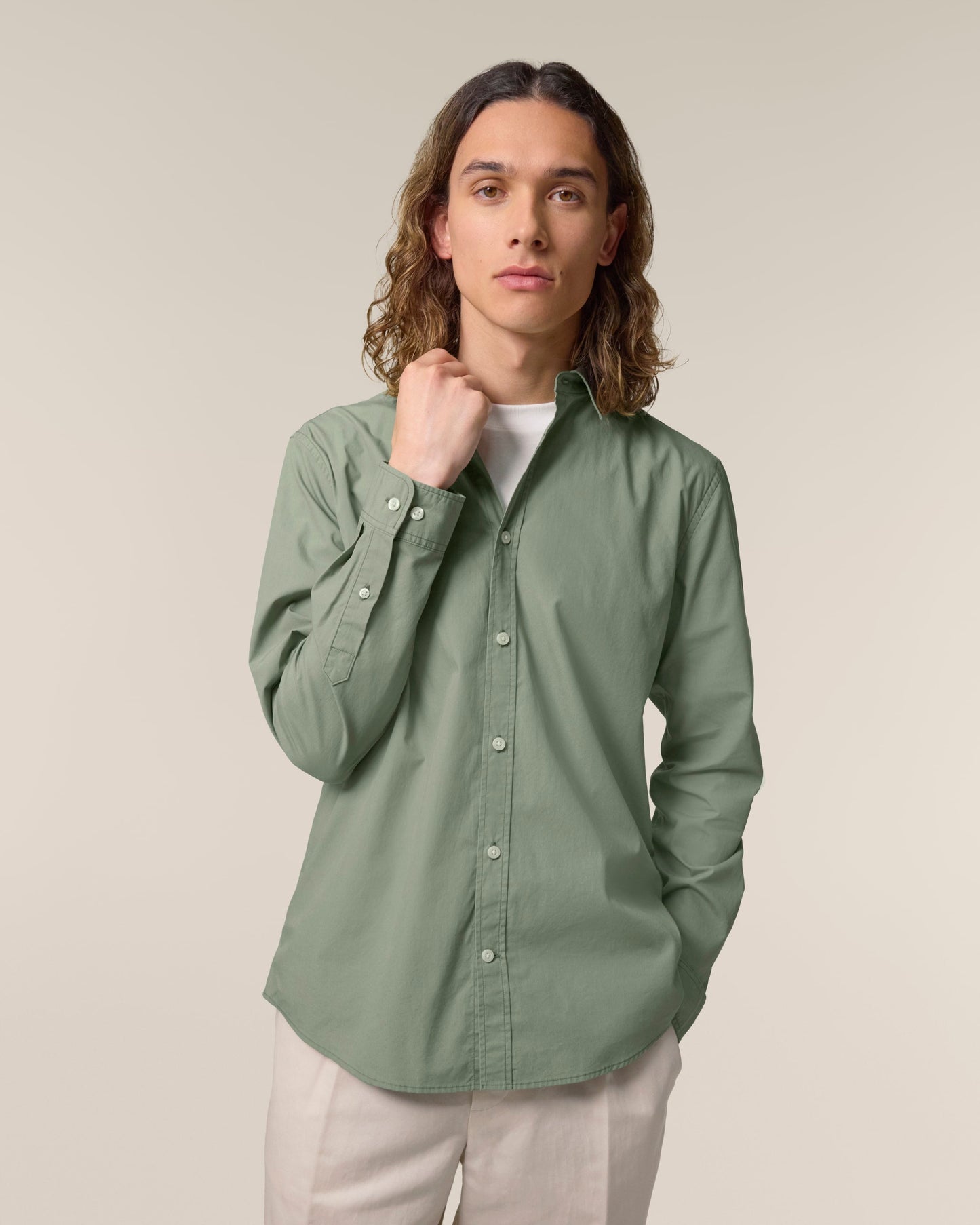 Luxury Organic Cotton Poplin Long Sleeve Shirt for Men, showcasing its lightweight and breathable fabric in a premium lifestyle setting.
