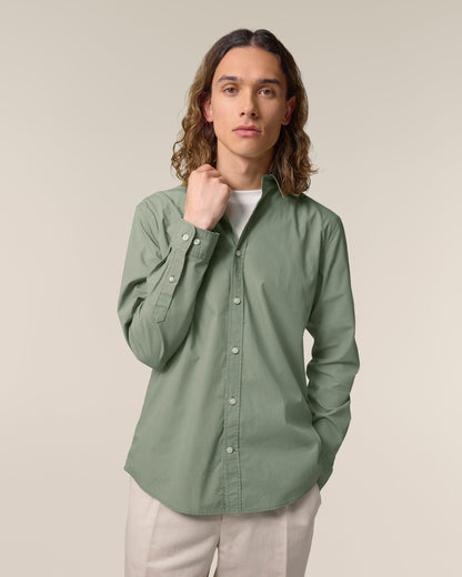 Luxury Organic Cotton Poplin Long Sleeve Shirt for Men, showcasing its lightweight and breathable fabric in a premium lifestyle setting.