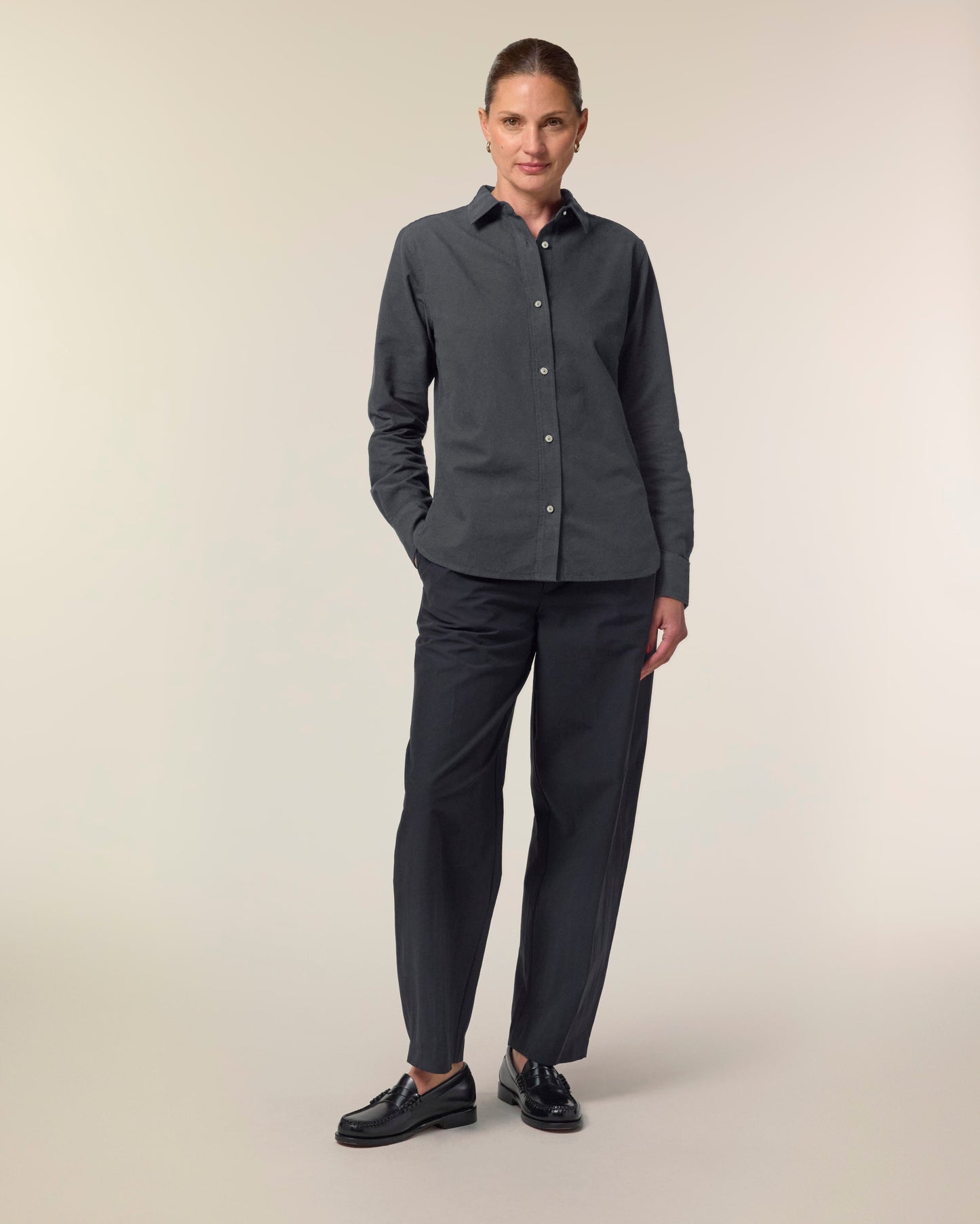Elegant Womens Organic Cotton Oxford Long Sleeve Shirt by Earth Wardrobe, showcasing a feminine fit and luxurious comfort, perfect for versatile styling in both professional and casual settings.