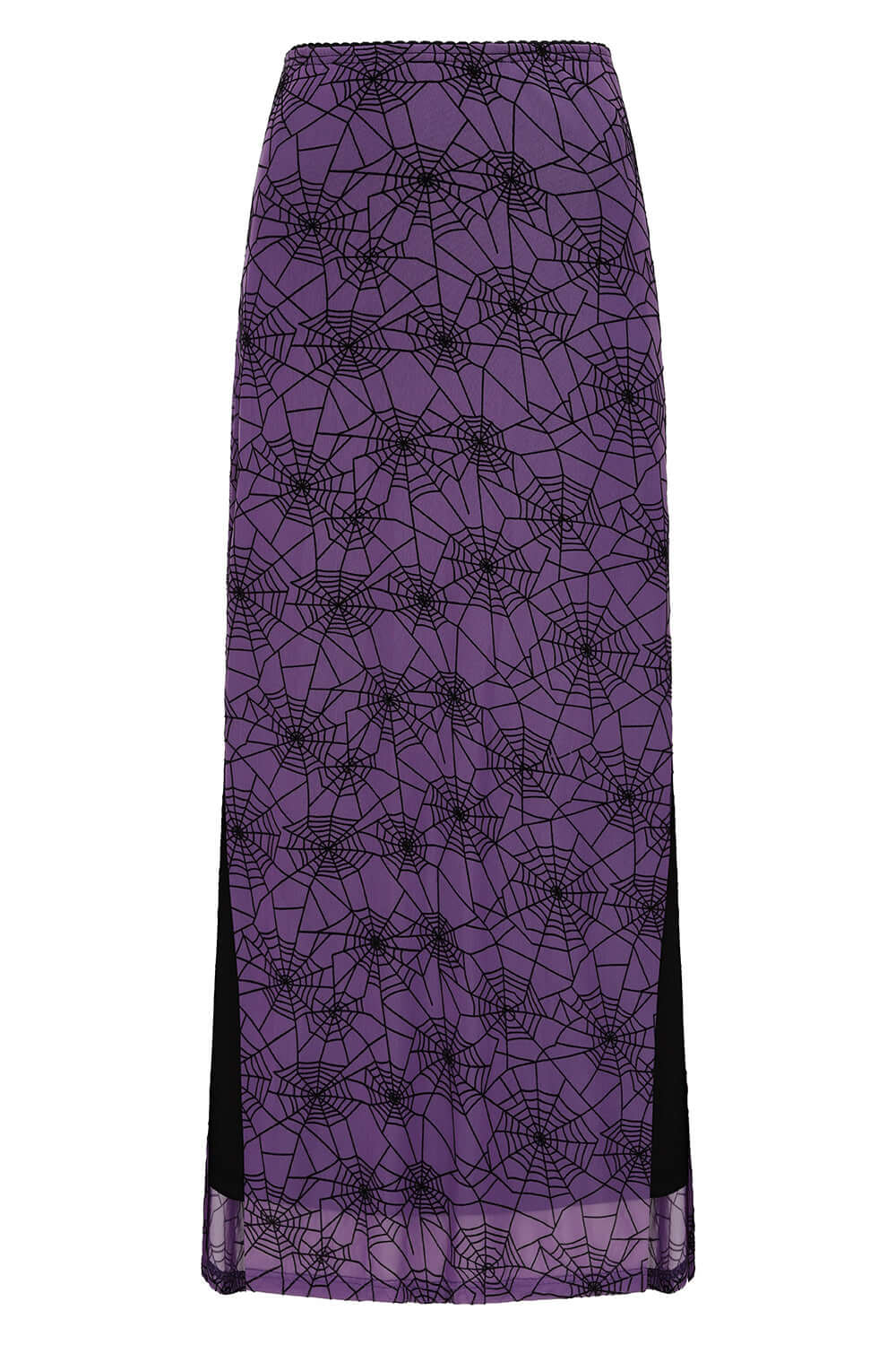 Banned Apparel Seraphina Gothic Mesh Skirt in purple with elegant spiderweb design, showcasing the fitted silhouette and side slits for movement, perfect for alternative fashion enthusiasts.