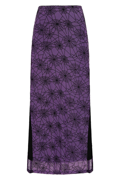 Banned Apparel Seraphina Gothic Mesh Skirt in purple with elegant spiderweb design, showcasing the fitted silhouette and side slits for movement, perfect for alternative fashion enthusiasts.