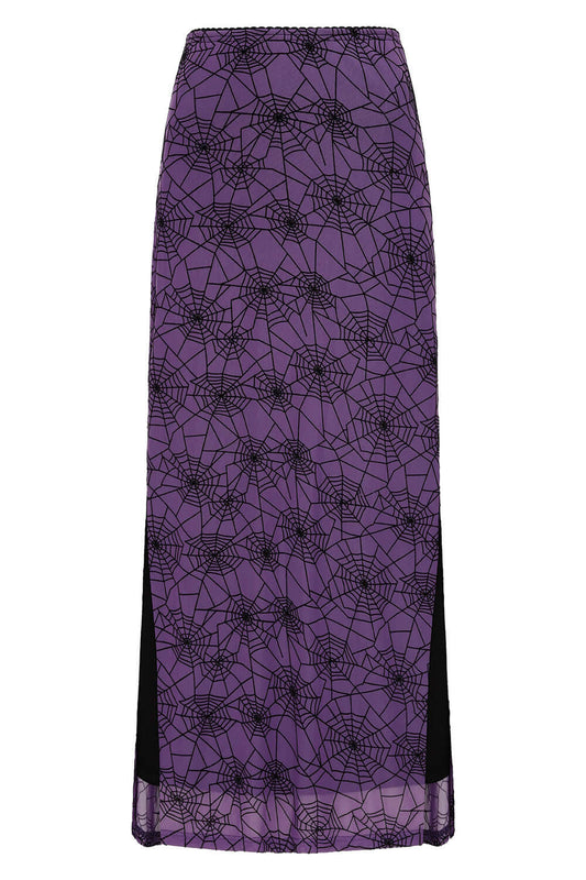 Banned Apparel Seraphina Gothic Mesh Skirt in purple with elegant spiderweb design, showcasing the fitted silhouette and side slits for movement, perfect for alternative fashion enthusiasts.