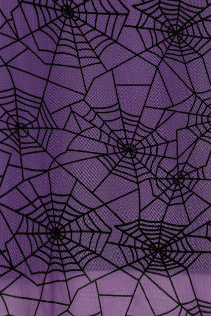 Elegant Banned Apparel Seraphina Gothic Mesh Skirt showcasing intricate spiderweb design in striking purple, featuring fitted silhouette, side slits, and sheer overlay, perfect for alternative fashion enthusiasts.