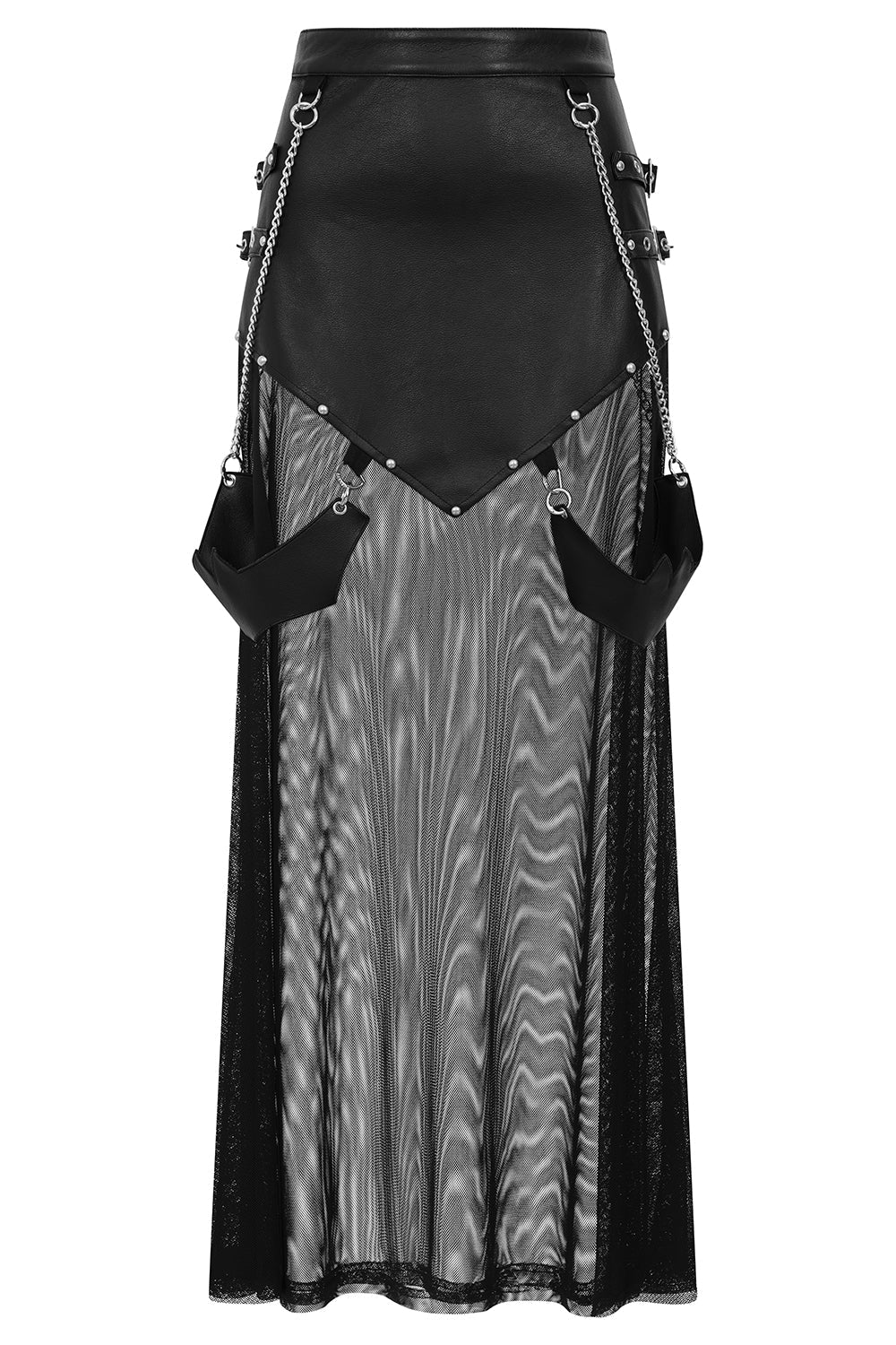 Banned Apparel Lamia Black Faux Leather & Mesh Maxi Skirt showcasing the high-waisted faux leather panel with pointed hem and silver stud accents in a luxurious gothic setting.