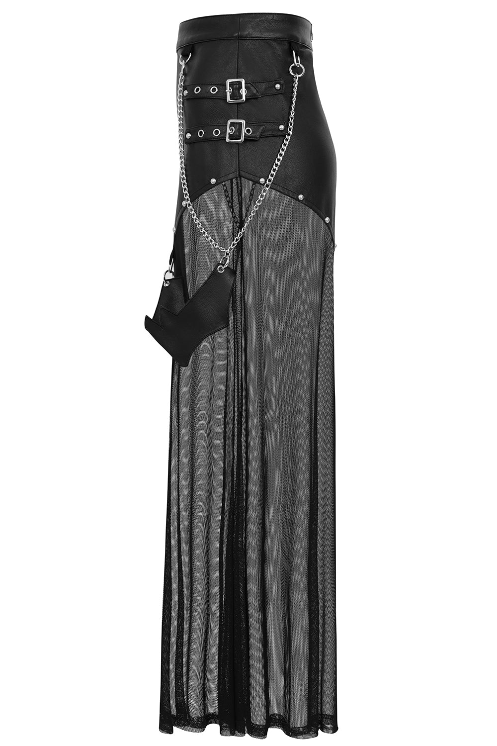 Full view of the Banned Apparel Lamia Black Faux Leather & Mesh Maxi Skirt highlighting the sheer black mesh layer, perfect for creating an ethereal silhouette.