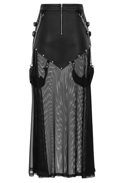 Model wearing the Banned Apparel Lamia Black Faux Leather & Mesh Maxi Skirt in a stylish pose, accentuating the blend of edgy and ethereal elements suitable for gothic fashion enthusiasts.
