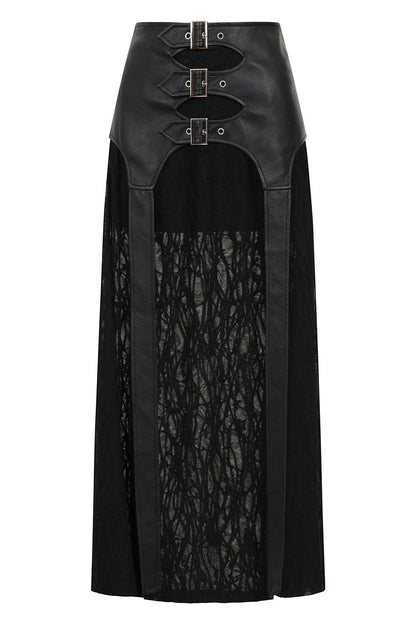Banned Apparel Velkyn Black Faux Leather & Knit Panel Maxi Skirt featuring silver buckle detail, showcasing an elegant yet edgy silhouette against a luxurious backdrop.
