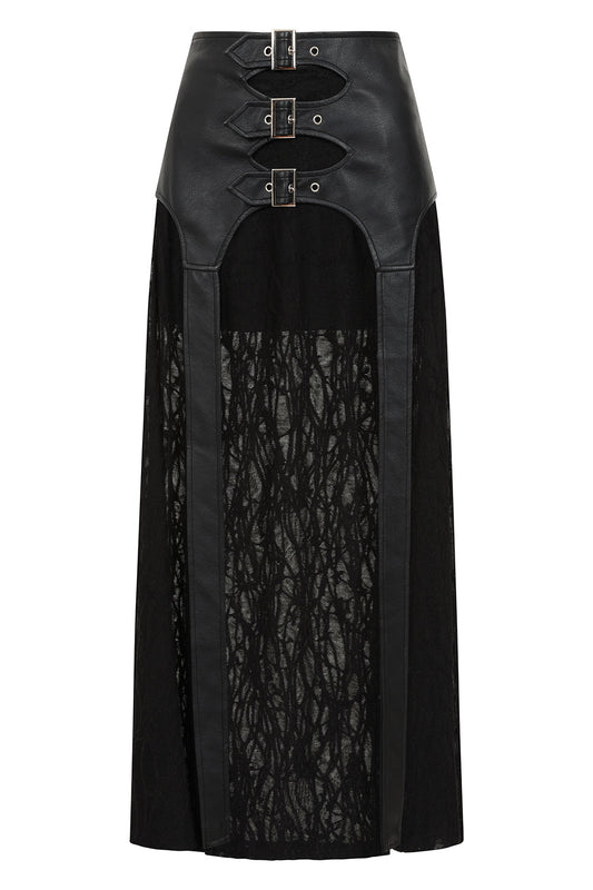 Banned Apparel Velkyn Black Faux Leather & Knit Panel Maxi Skirt featuring silver buckle detail, showcasing an elegant yet edgy silhouette against a luxurious backdrop.