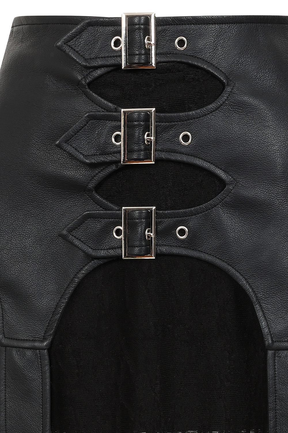 Close-up view of the silver buckle strap detail on the Banned Apparel Velkyn Black Maxi Skirt, highlighting its gothic industrial aesthetic and high-quality faux leather finish.