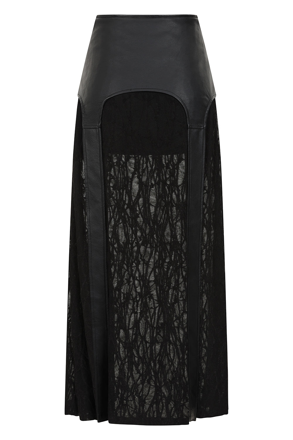 Luxury black faux leatherand knit panel maxi skirt by Banned Apparel, featuring high-waisted design with striking silver buckle details, embodying elegance and rebellion.