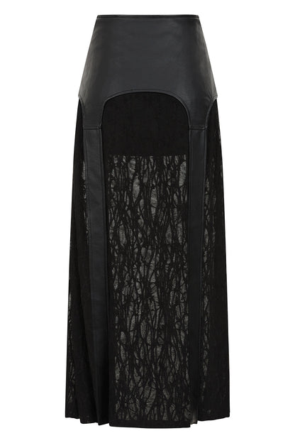 Luxury black faux leatherand knit panel maxi skirt by Banned Apparel, featuring high-waisted design with striking silver buckle details, embodying elegance and rebellion.