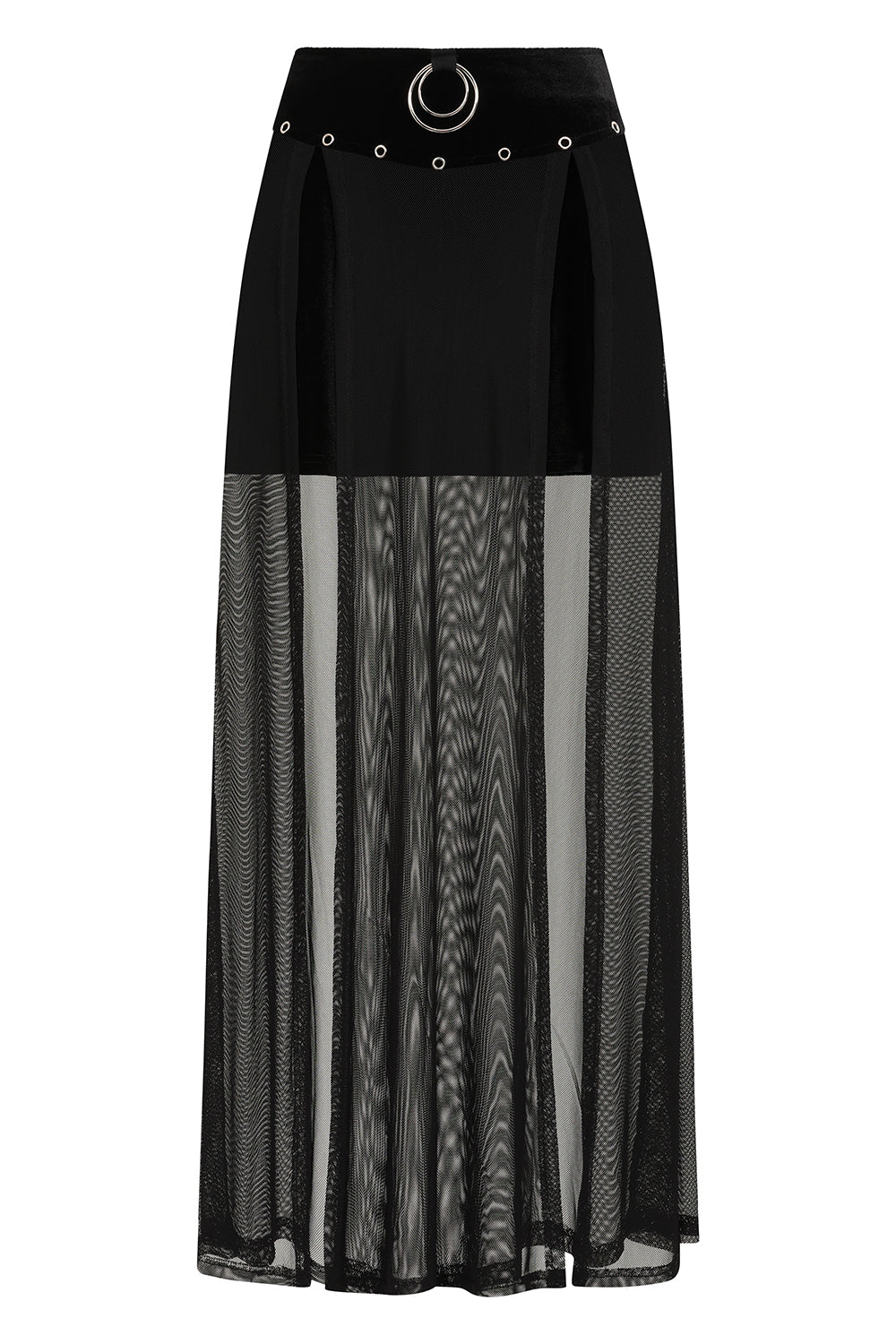 Banned Apparel Obsidian Black Sheer Mesh Split Skirt showcasing luxurious velvet waistband, elegant double front slits, and striking O-ring detail for an alternative gothic fashion statement.