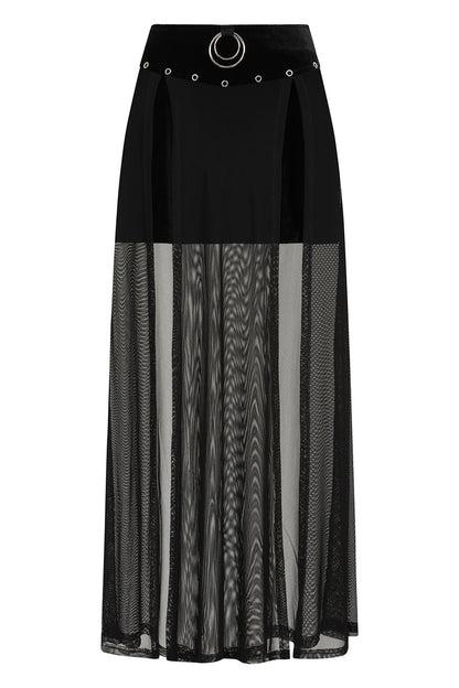 Banned Apparel Obsidian Black Sheer Mesh Split Skirt showcasing luxurious velvet waistband, elegant double front slits, and striking O-ring detail for an alternative gothic fashion statement.
