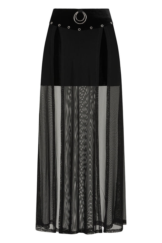 Banned Apparel Obsidian Black Sheer Mesh Split Skirt showcasing luxurious velvet waistband, elegant double front slits, and striking O-ring detail for an alternative gothic fashion statement.