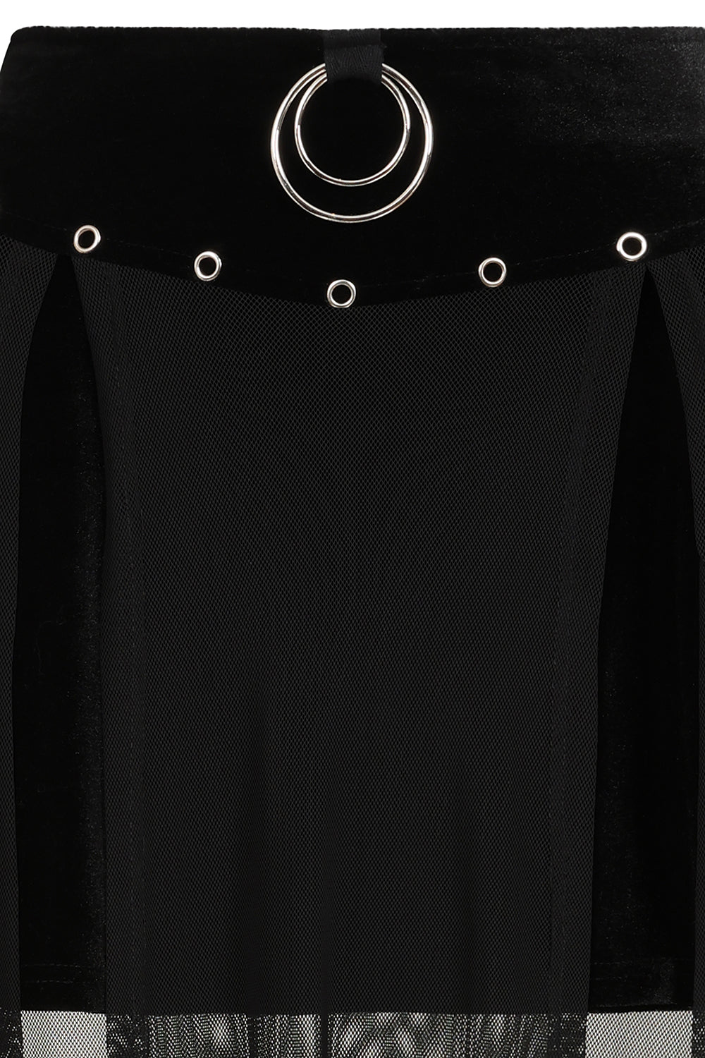 Close-up of the decadent velvet waistband of the Banned Apparel Obsidian Black Sheer Mesh Split Skirt, featuring silver-tone eyelets and an exquisite O-ring accent for a sophisticated gothic aesthetic.
