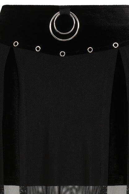 Close-up of the decadent velvet waistband of the Banned Apparel Obsidian Black Sheer Mesh Split Skirt, featuring silver-tone eyelets and an exquisite O-ring accent for a sophisticated gothic aesthetic.