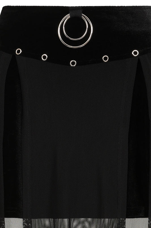 Close-up of the decadent velvet waistband of the Banned Apparel Obsidian Black Sheer Mesh Split Skirt, featuring silver-tone eyelets and an exquisite O-ring accent for a sophisticated gothic aesthetic.