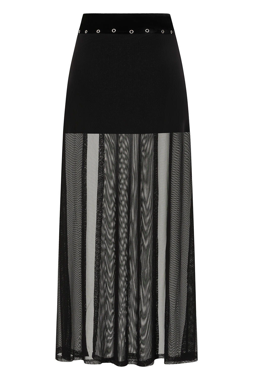 Elegant Banned Apparel Obsidian Black Sheer Mesh Split Skirt showcasing luxurious velvet waistband and striking O-ring detail, perfect for gothic and alternative fashion enthusiasts.