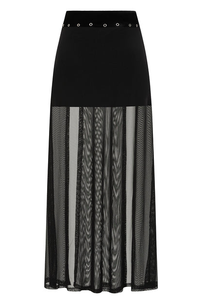 Elegant Banned Apparel Obsidian Black Sheer Mesh Split Skirt showcasing luxurious velvet waistband and striking O-ring detail, perfect for gothic and alternative fashion enthusiasts.