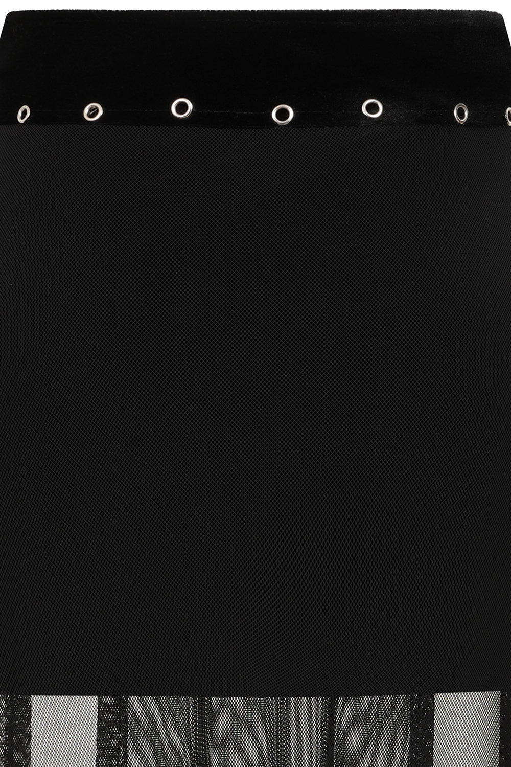 Dramatic view of Banned Apparel black sheer mesh maxi skirt featuring double front slits and silver-tone eyelets, ideal for layering over bodysuits or lingerie for a sophisticated night-out look.