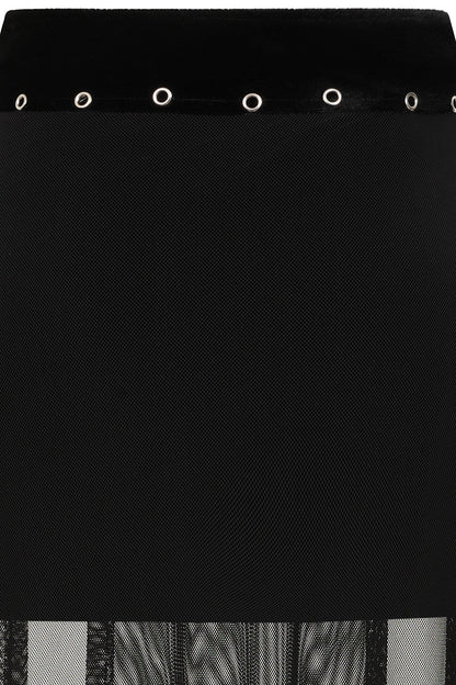 Dramatic view of Banned Apparel black sheer mesh maxi skirt featuring double front slits and silver-tone eyelets, ideal for layering over bodysuits or lingerie for a sophisticated night-out look.