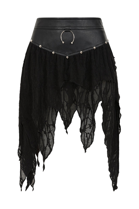 Banned Apparel Luxor High-Waisted Faux Leather Skirt in Black featuring jagged knit panels for an edgy gothic style.
