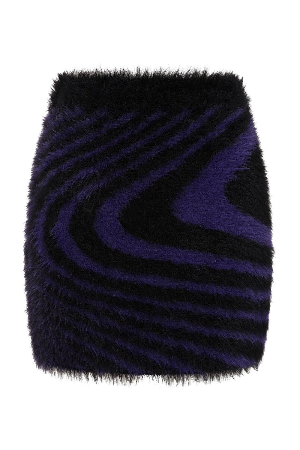 Banned Apparel Daphne Mini Skirt in Black and Purple Swirl, showcasing luxurious fuzzy knit texture ideal for gothic fashion enthusiasts.