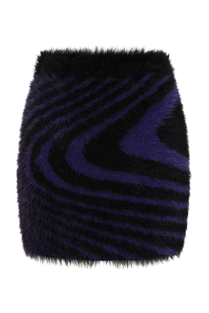 Banned Apparel Daphne Mini Skirt in Black and Purple Swirl, showcasing luxurious fuzzy knit texture ideal for gothic fashion enthusiasts.