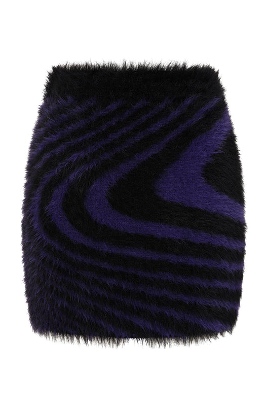 Banned Apparel Daphne Mini Skirt in Black and Purple Swirl, showcasing luxurious fuzzy knit texture ideal for gothic fashion enthusiasts.