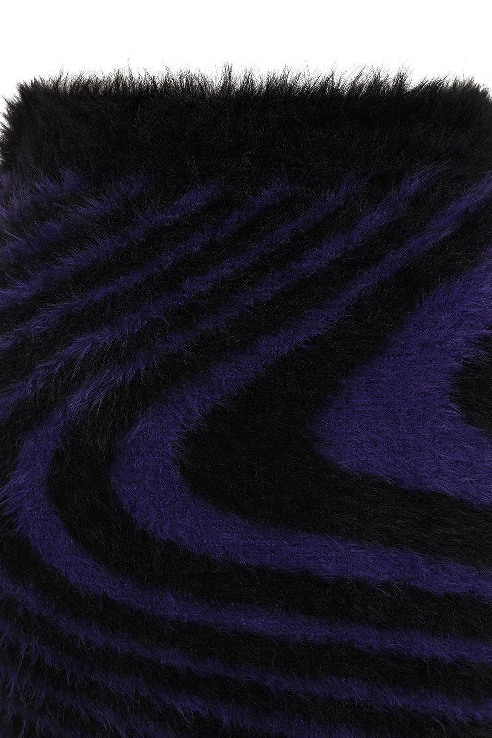 Close-up of the plush black and deep purple swirl pattern of the Daphne Mini Skirt, emphasising its unique gothic aesthetic and comfortable fit.