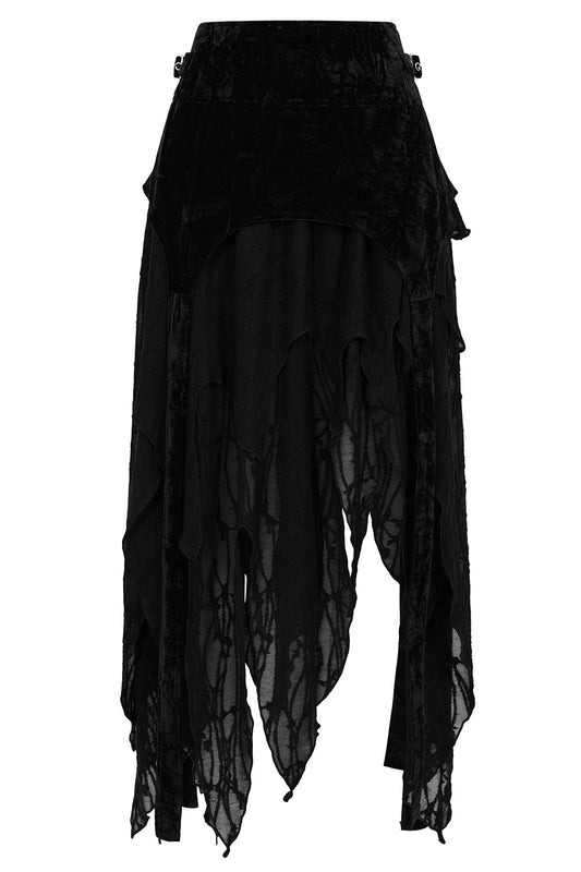 Banned Apparel Inferna Skirt featuring a luxurious crushed velvet waistband and flowing asymmetrical layers, embodying gothic elegance for fashion-forward women.