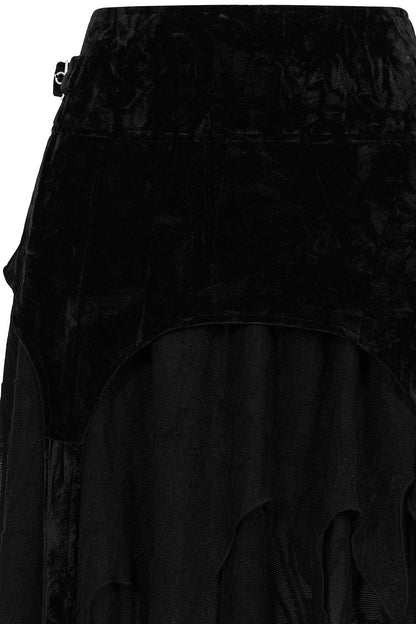 Close-up of the ethereal layers of the Banned Apparel Inferna Skirt, showcasing distressed mesh overlays and soft knit fabric that evoke a dark romantic aesthetic.