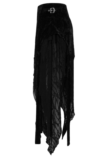 Elegant Banned Apparel Inferna Skirt showcasing the luxurious black crushed velvet waistband and flowing layered design, perfect for goth fashion enthusiasts.