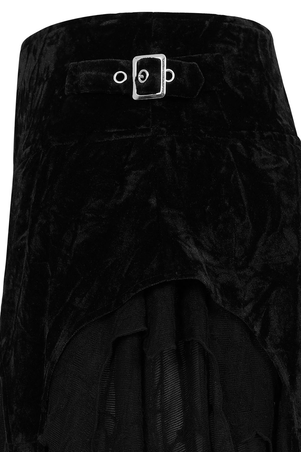 Close-up view of the asymmetrical hem of the Banned Apparel Inferna Skirt, highlighting the sheer panels and distressed mesh for a hauntingly beautiful aesthetic.