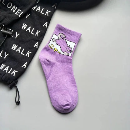 Stylish Hip Hop Long Socks for Women & Girls in lavender showcasing a charming cartoon cat design, made from high-quality cotton and polyester for ultimate comfort.