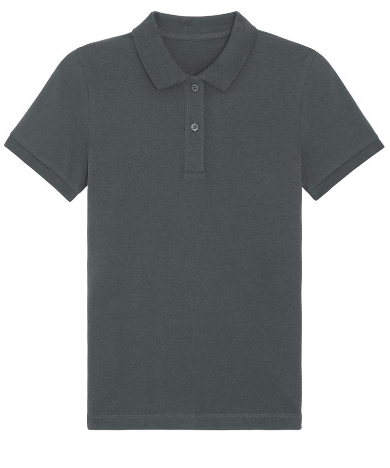 Luxuriously soft women's polo shirt made of 95% organic cotton, featuring a stylish flat knit rib collar and a two-button placket, epitomising eco-friendly fashion.