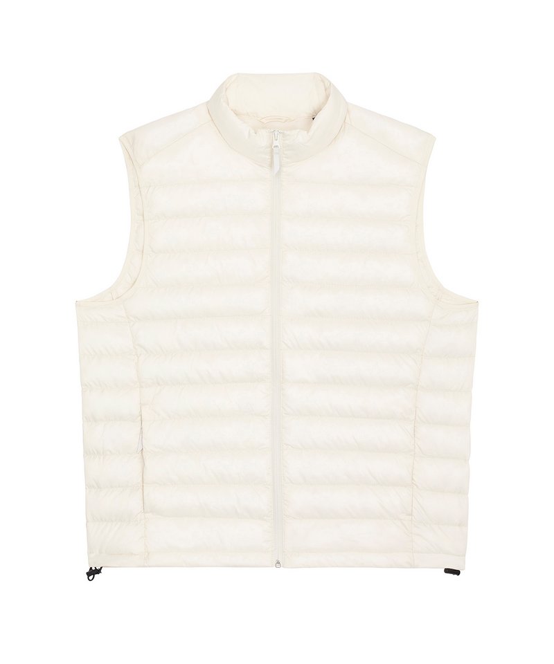 Versatile men's puffer bodywarmer showcased in a modern setting, reflecting elegance and sustainability in its 100% recycled polyester fabric.